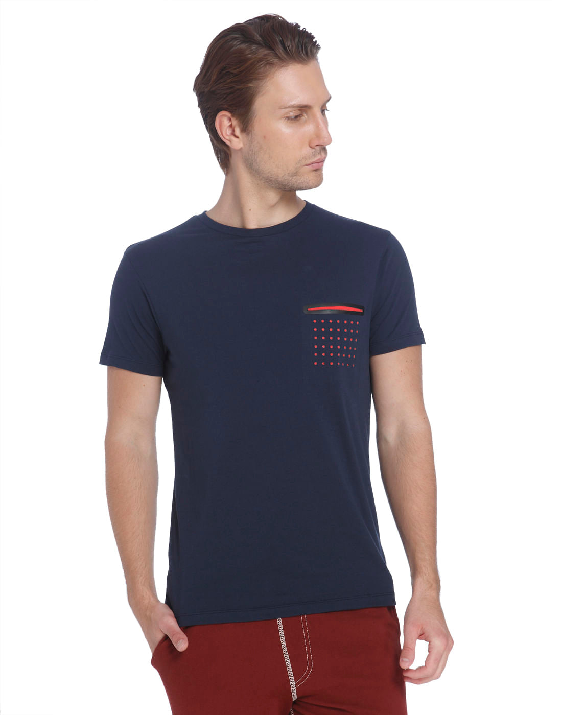 Blue Crew Neck T-Shirt With An Orange Front Pocket Detail - S