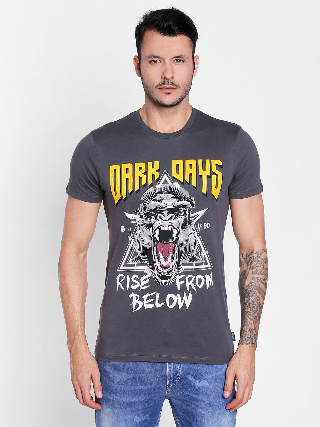 Grey Graphic Print Crew Neck T-Shirt - S