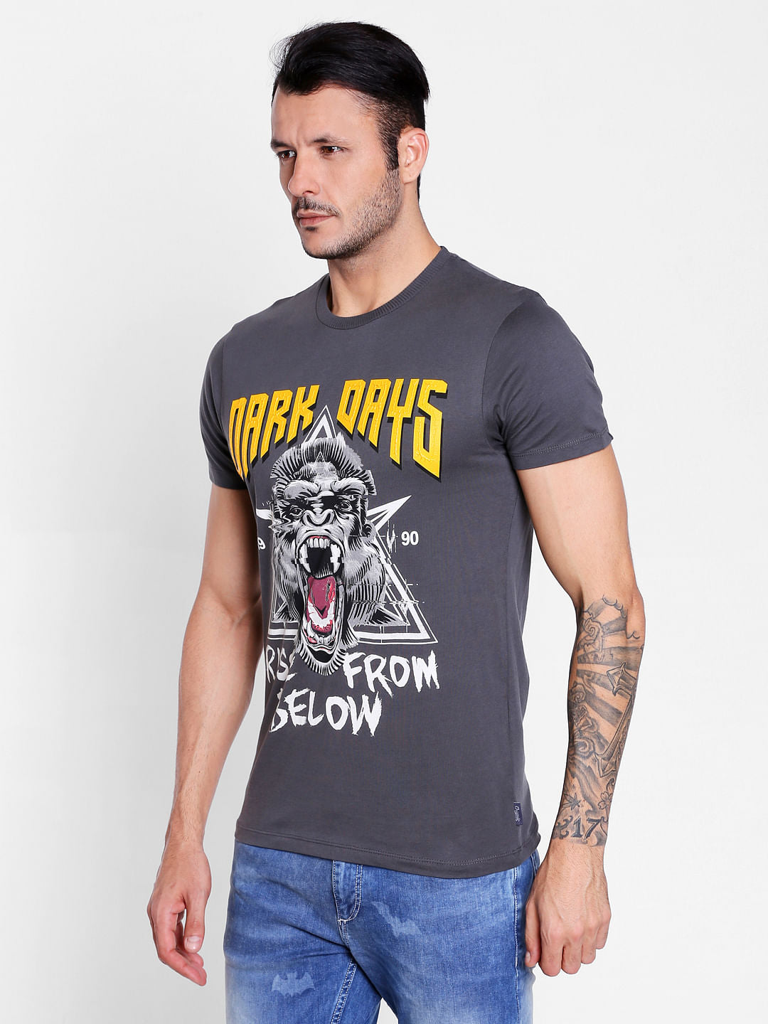 Grey Graphic Print Crew Neck T-Shirt