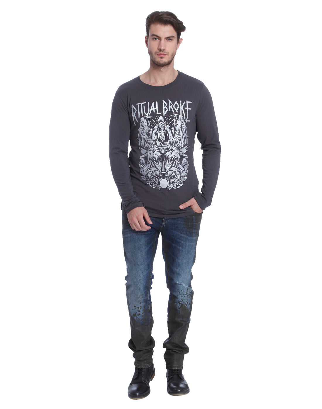 Dull Grey Graphic Print Crew Neck T-Shirt