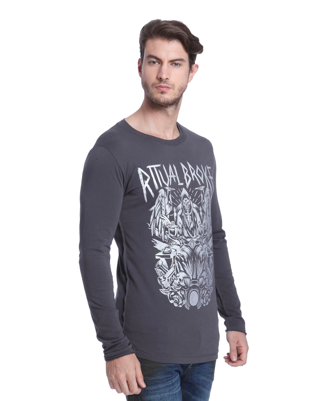 Dull Grey Graphic Print Crew Neck T-Shirt
