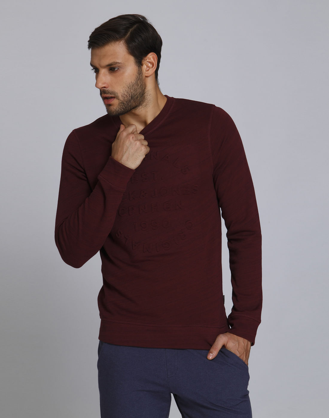 Maroon Text Print Crew Neck Sweatshirt - S