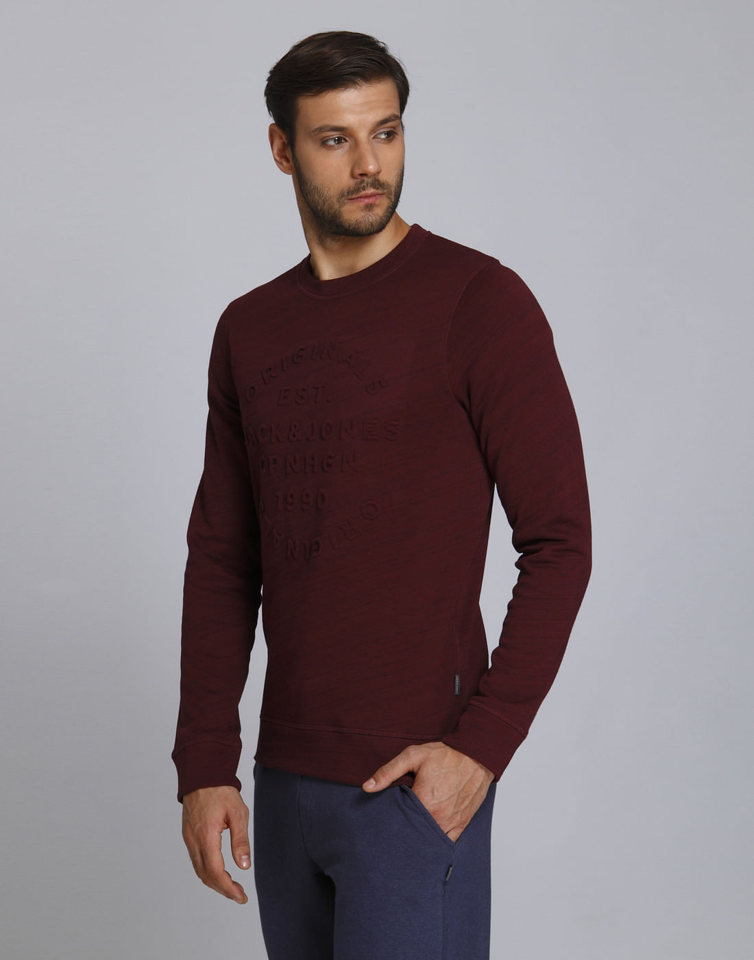 Maroon Text Print Crew Neck Sweatshirt