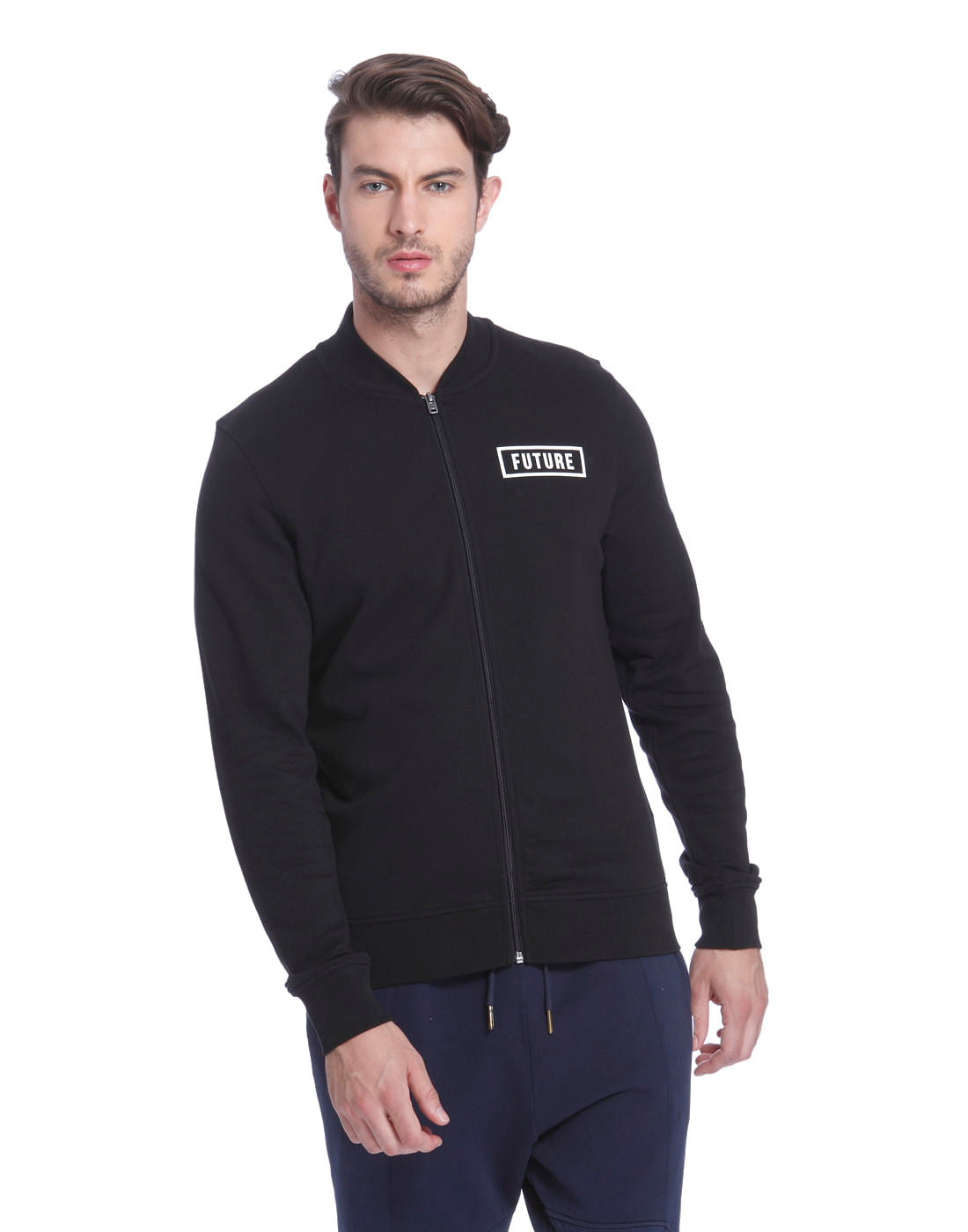Black Text Print Casual Jacket - S