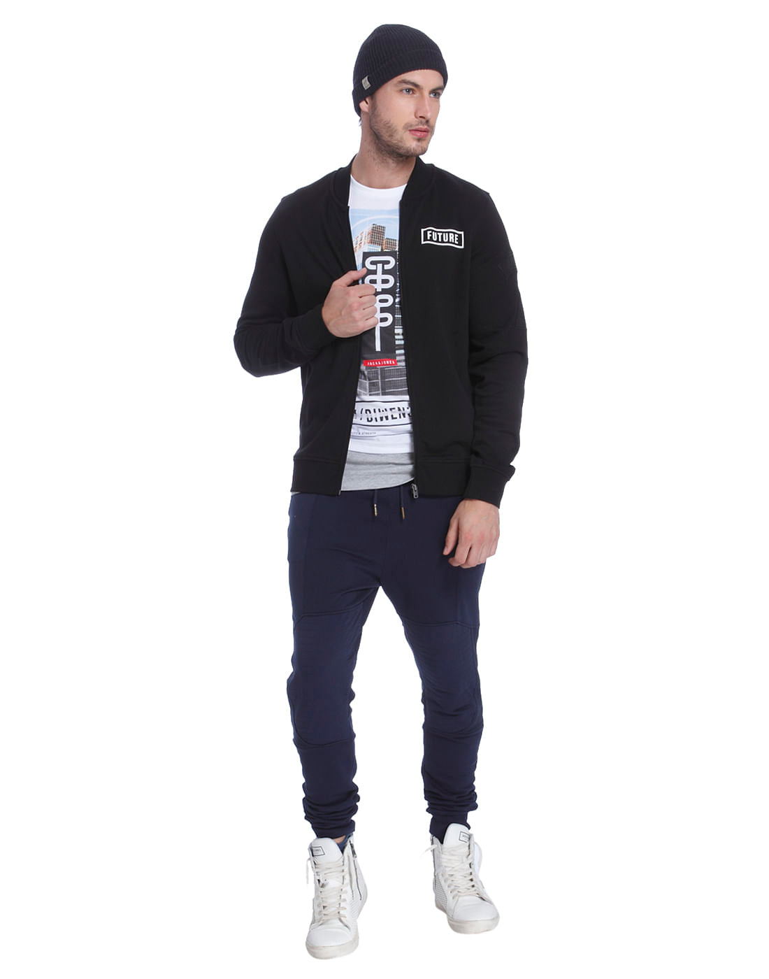 Black Text Print Casual Jacket