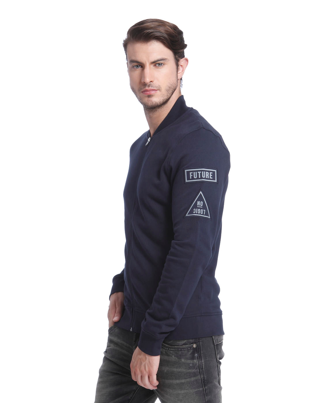 Dark Blue Text Print Casual Jacket