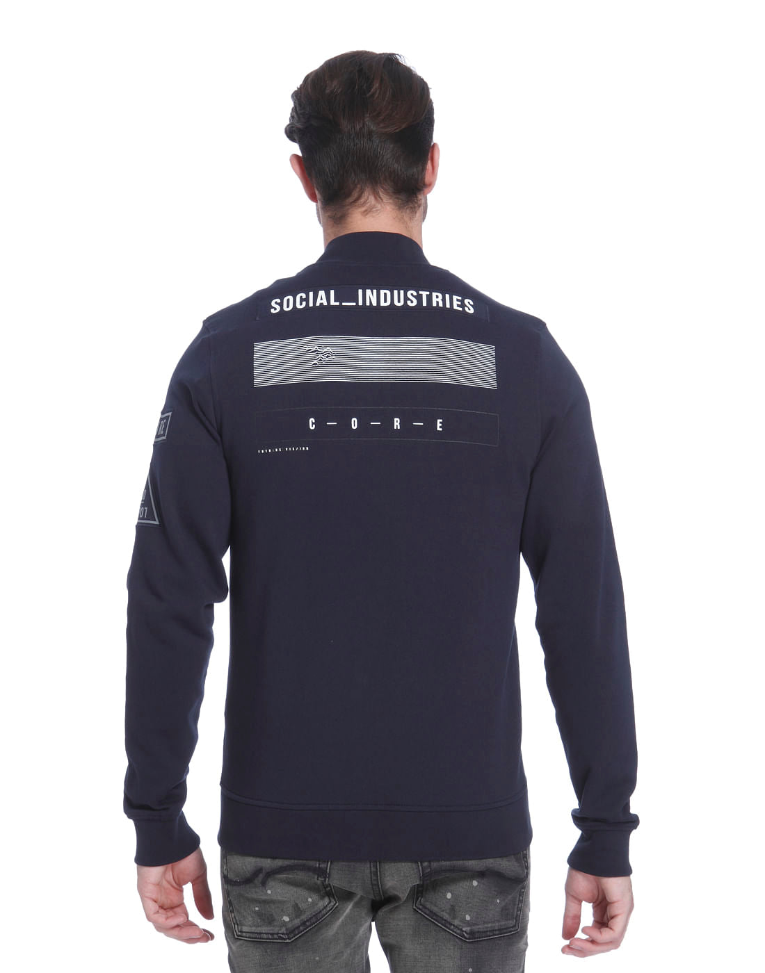 Dark Blue Text Print Casual Jacket