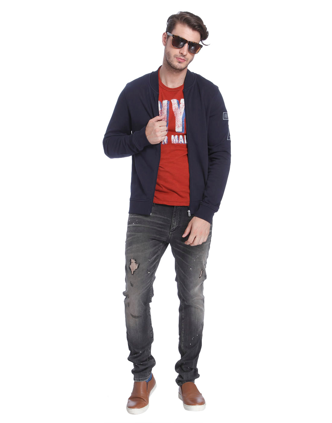 Dark Blue Text Print Casual Jacket
