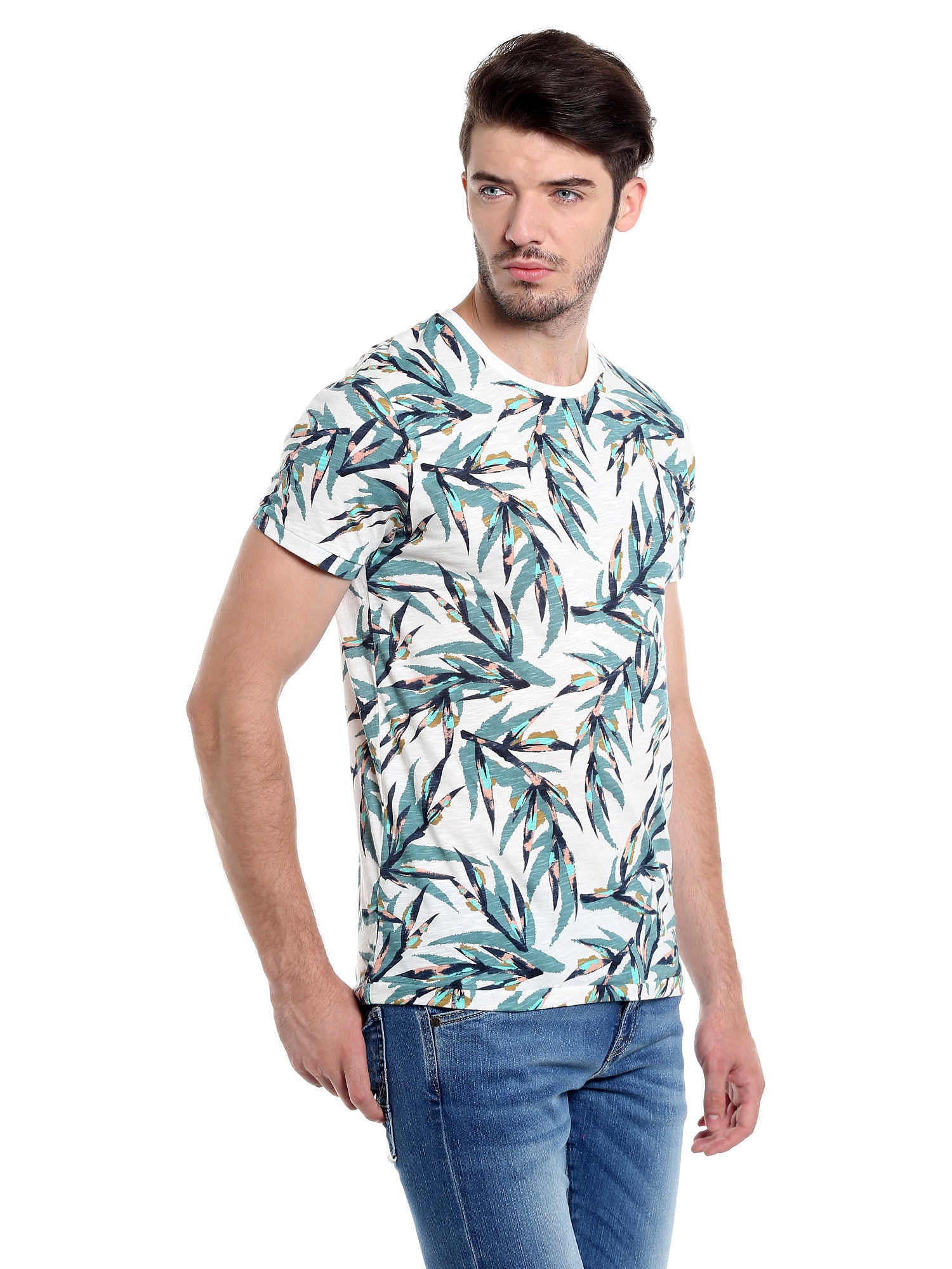 Foliage Print White Crew Neck T-Shirt