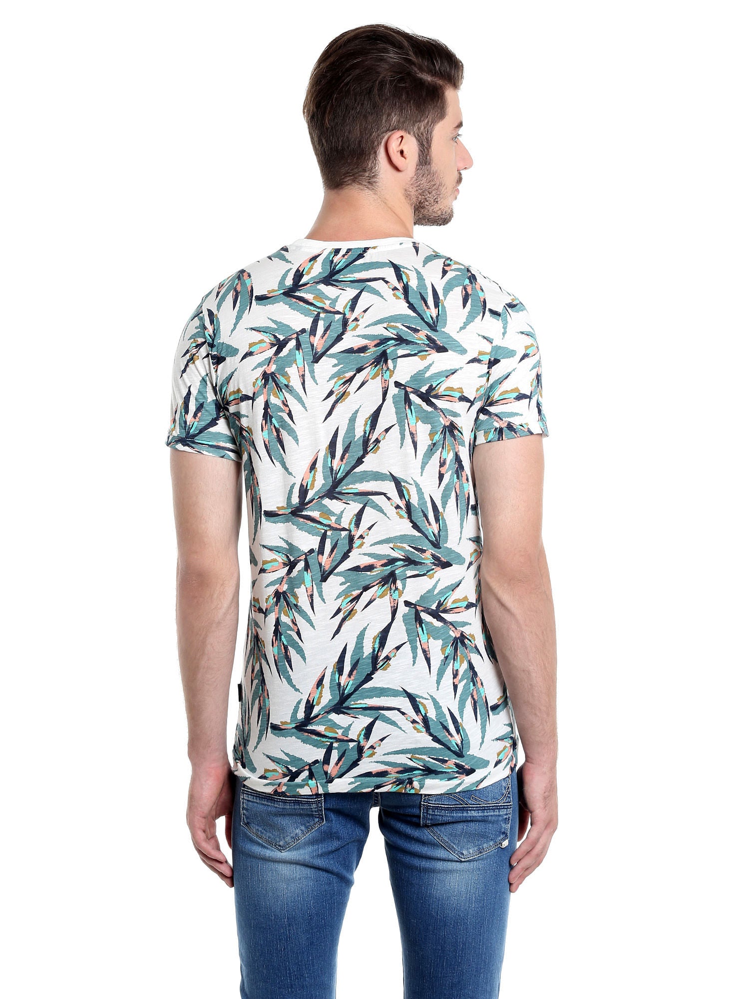 Foliage Print White Crew Neck T-Shirt