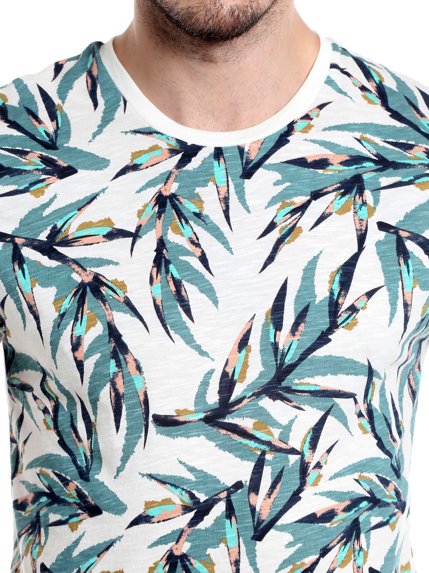 Foliage Print White Crew Neck T-Shirt