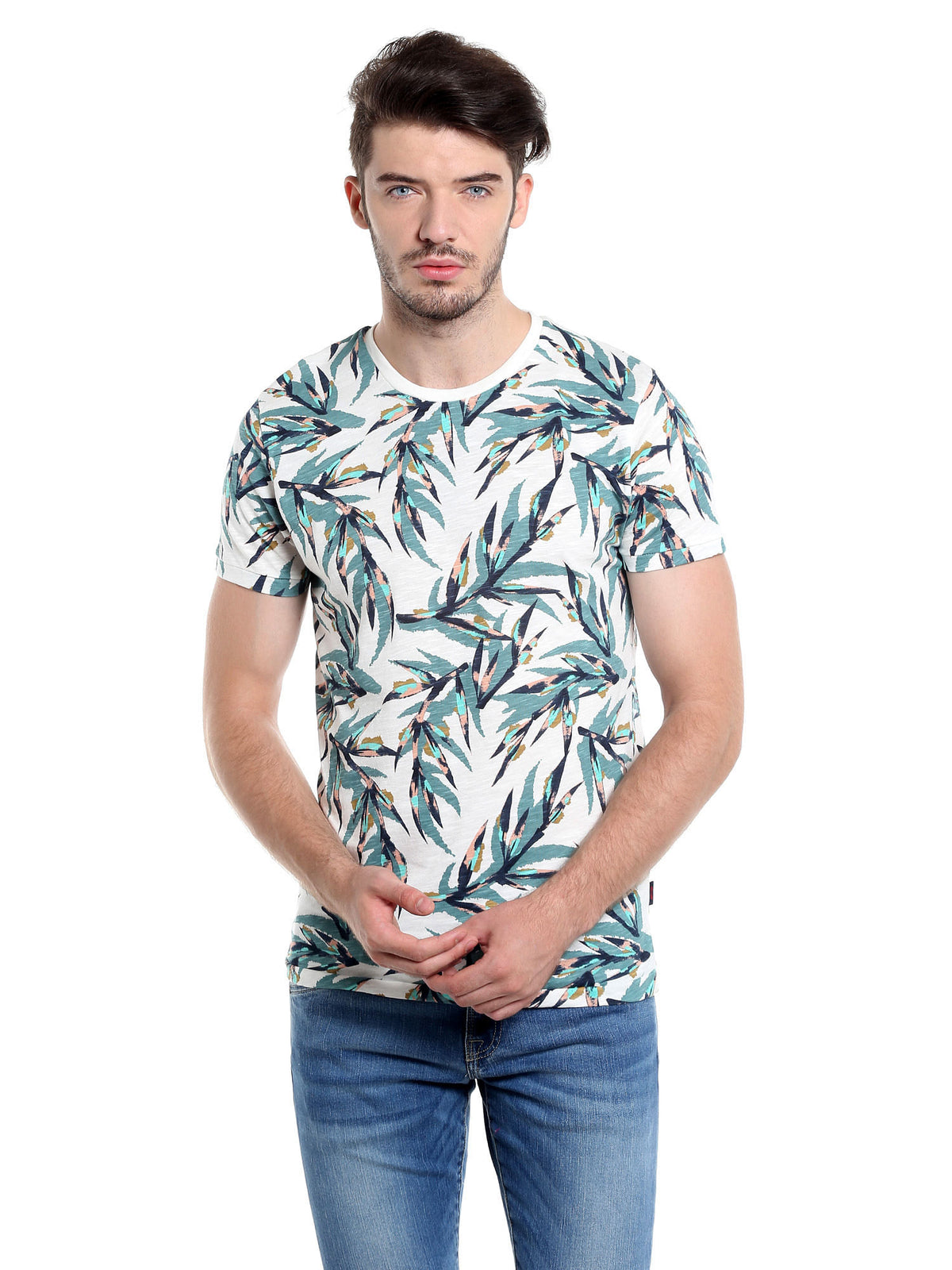 Foliage Print White Crew Neck T-Shirt - S