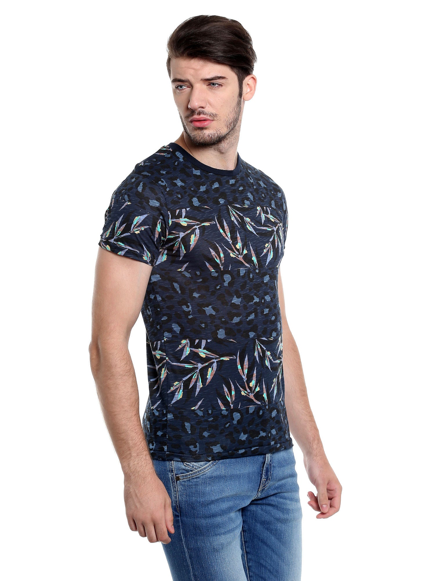 Dark Blue Foliage Print Crew Neck T-Shirt