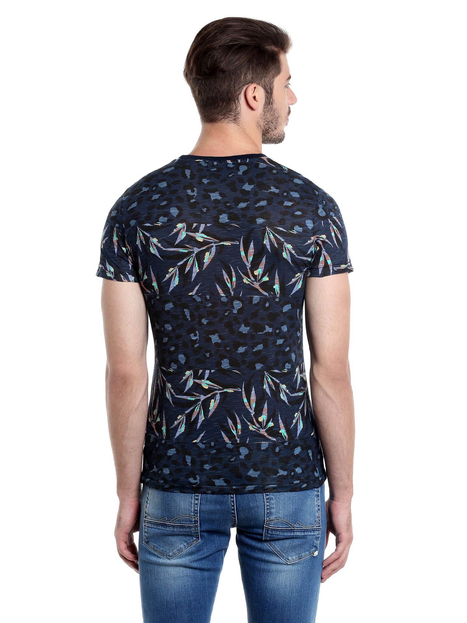 Dark Blue Foliage Print Crew Neck T-Shirt