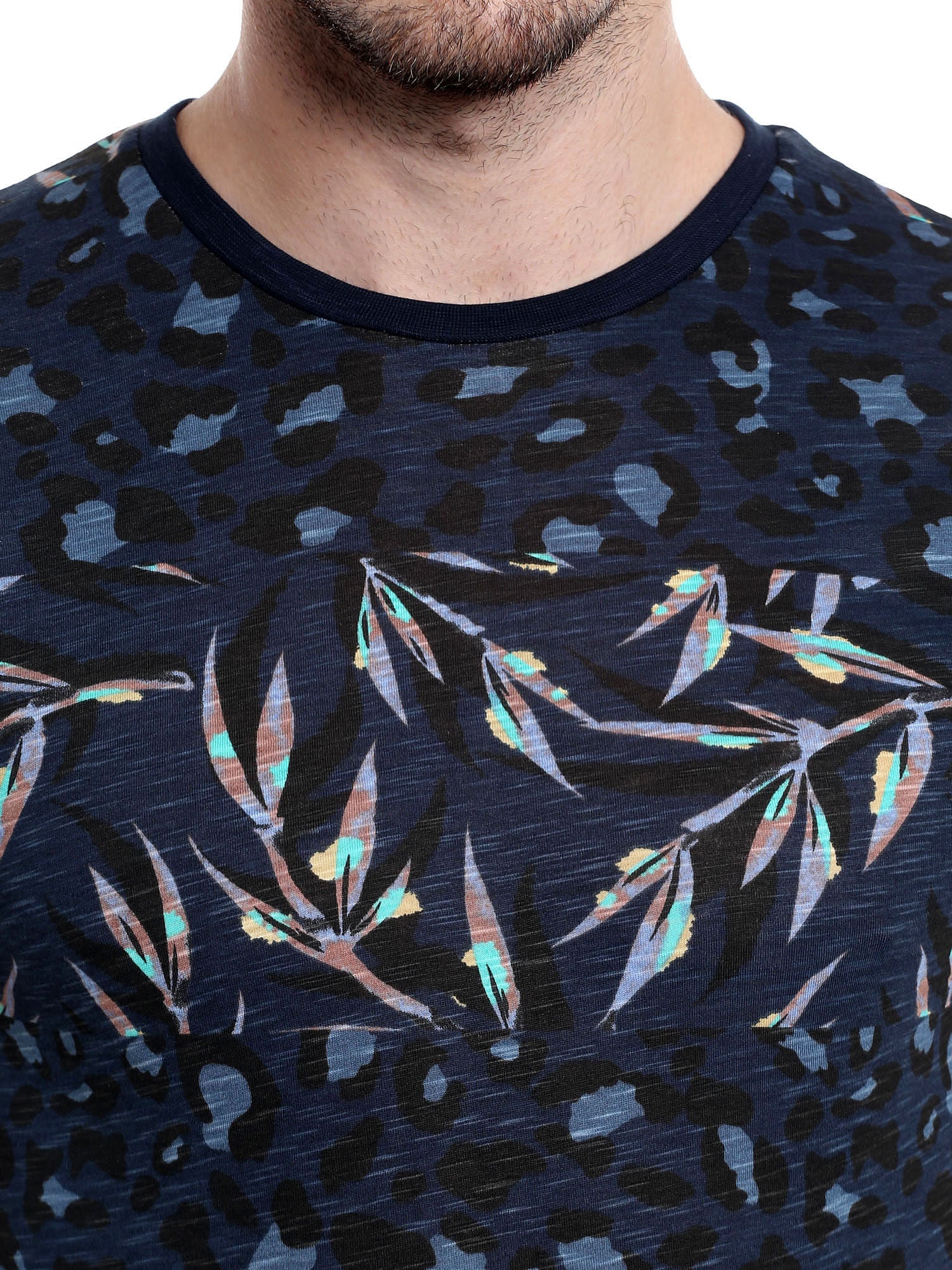 Dark Blue Foliage Print Crew Neck T-Shirt