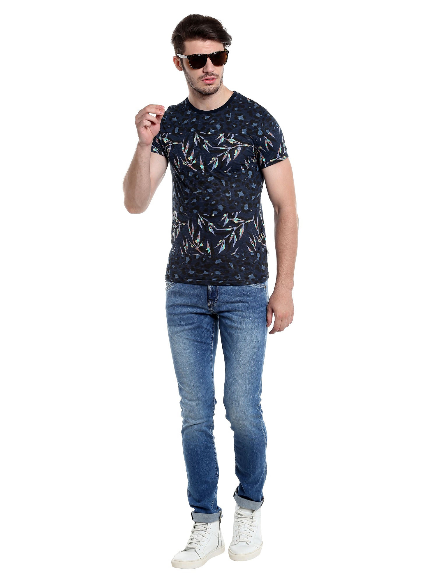 Dark Blue Foliage Print Crew Neck T-Shirt