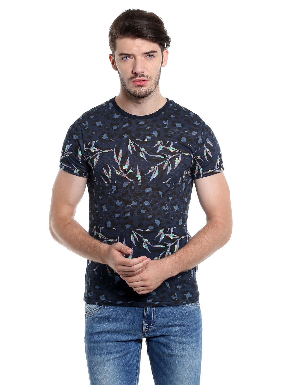 Dark Blue Foliage Print Crew Neck T-Shirt - S