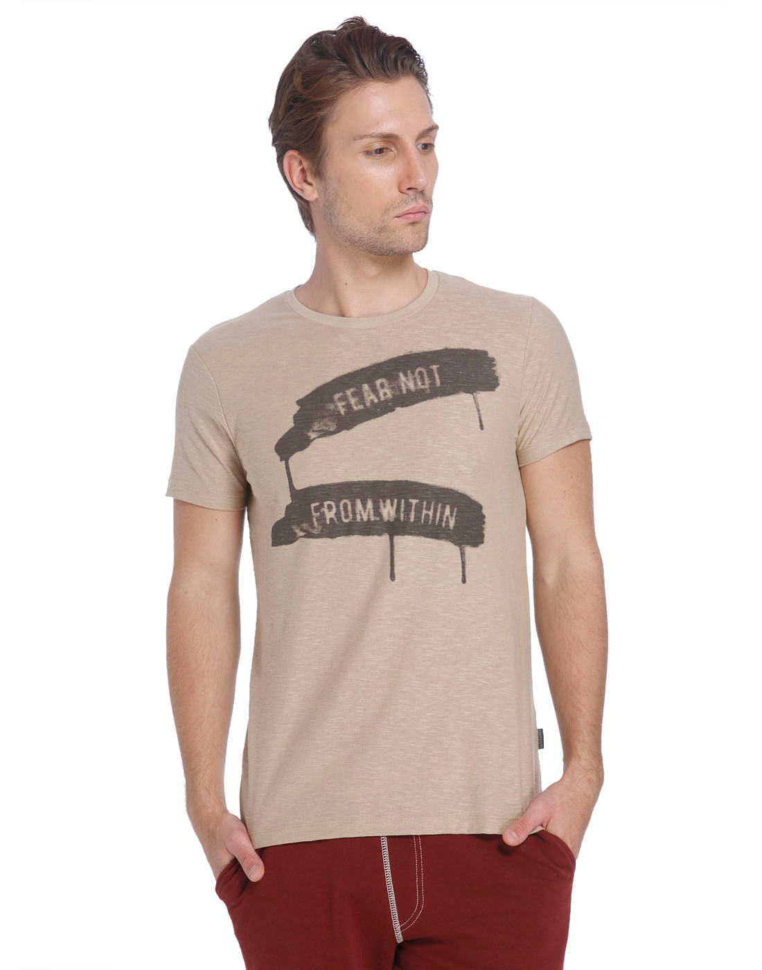 Brown Crew Neck Slogan T-Shirt - S