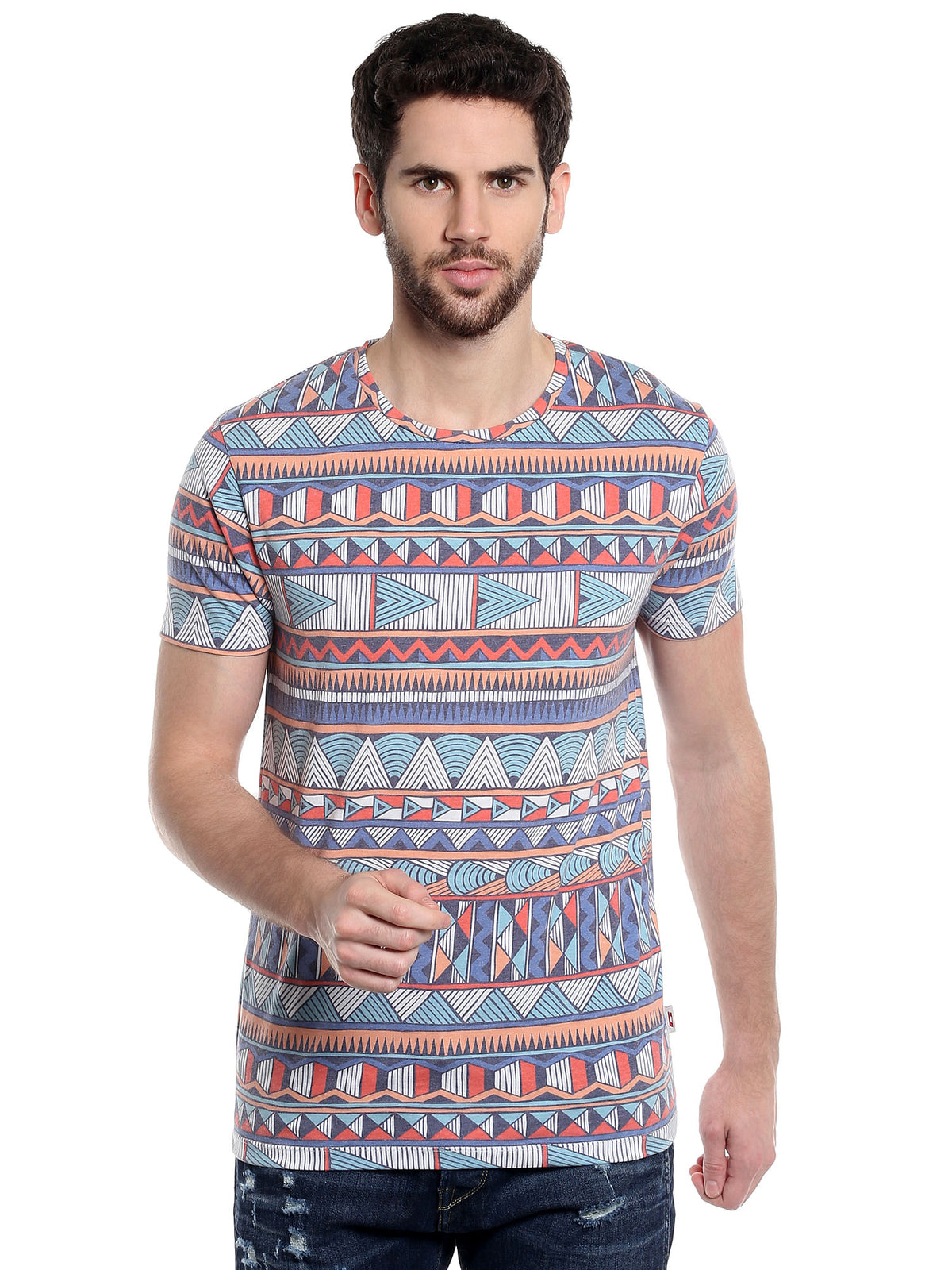 Aztec Print Blue Crew Neck T-Shirt - S