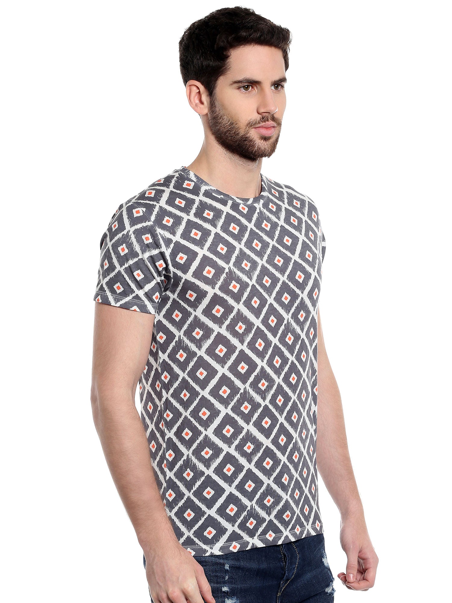 Ikat Print Grey Crew Neck T-Shirt