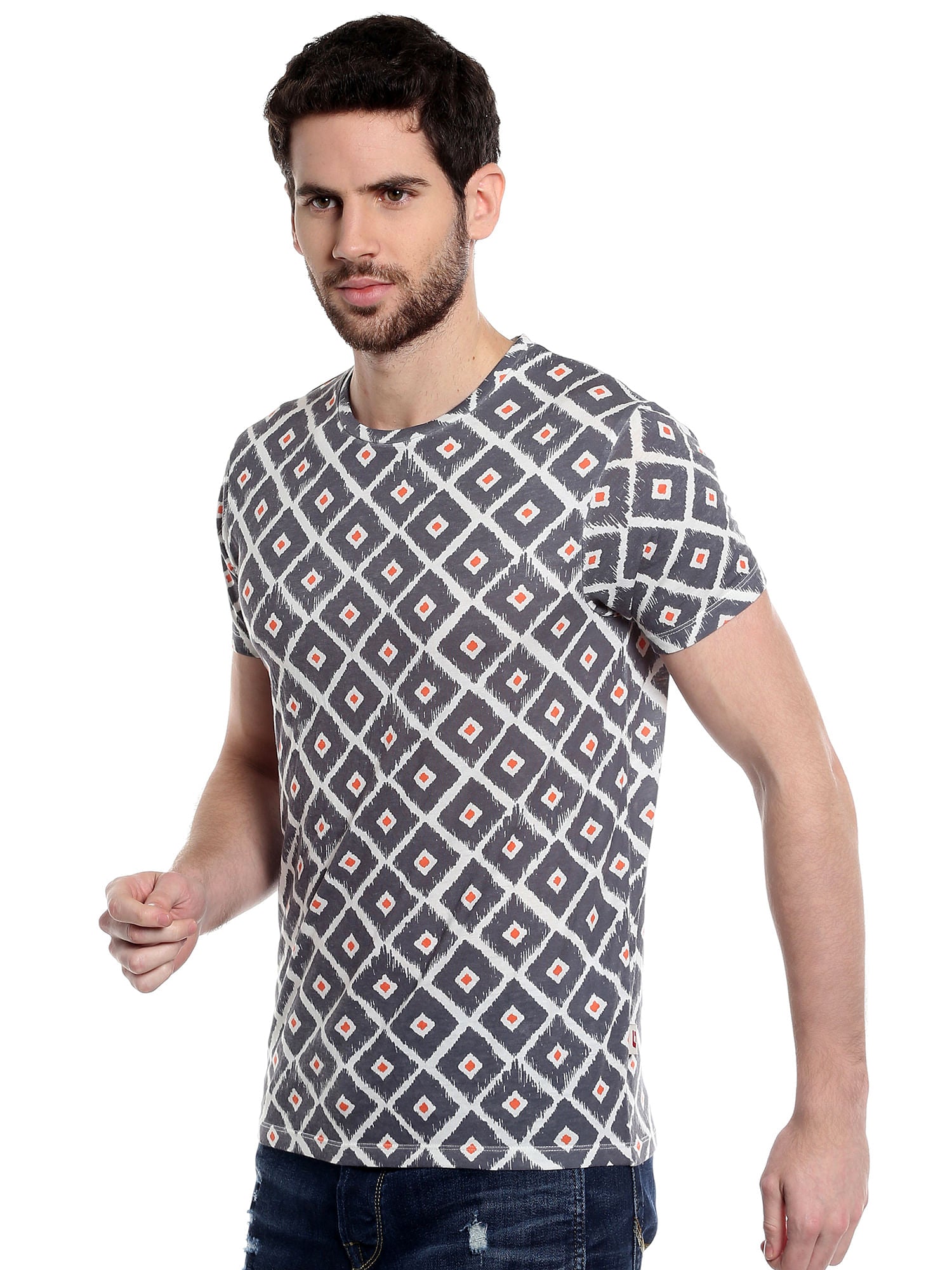 Ikat Print Grey Crew Neck T-Shirt