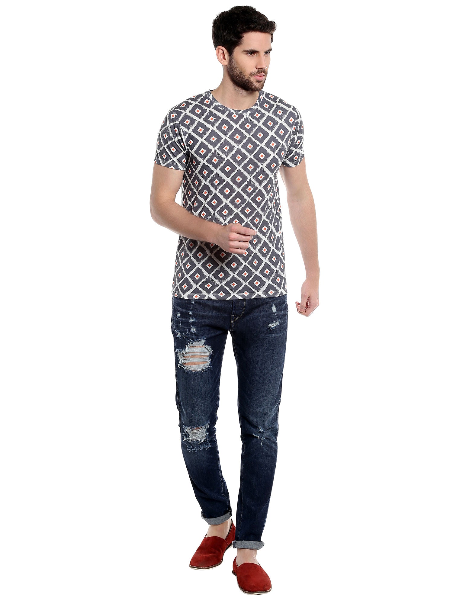Ikat Print Grey Crew Neck T-Shirt