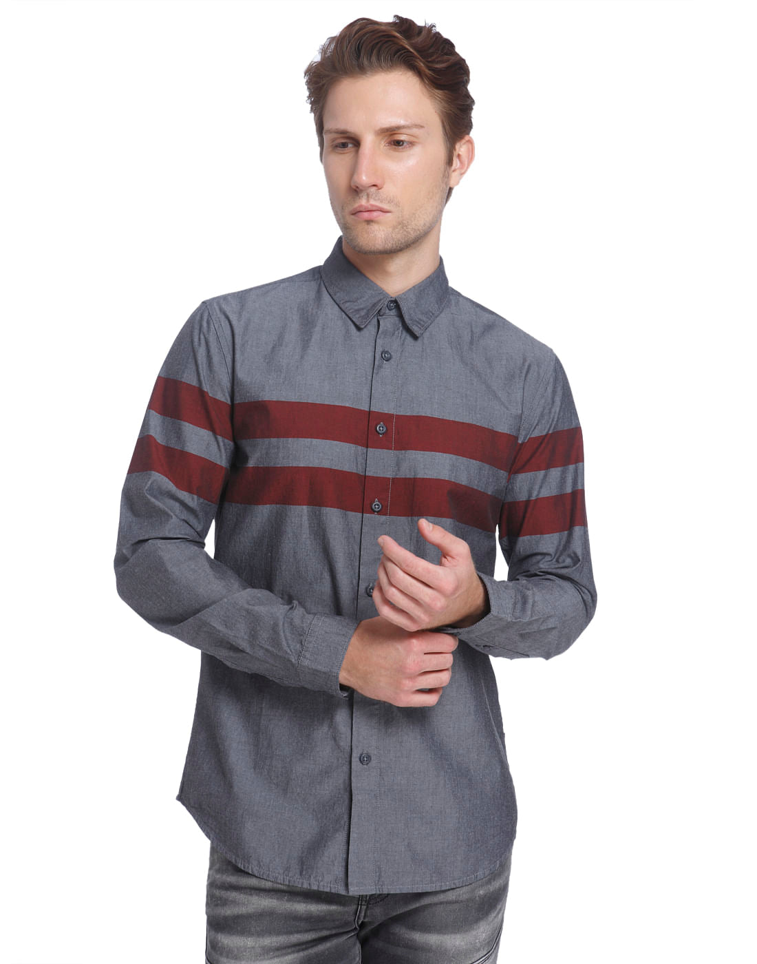 Grey Shirt With Red Stripes - S
