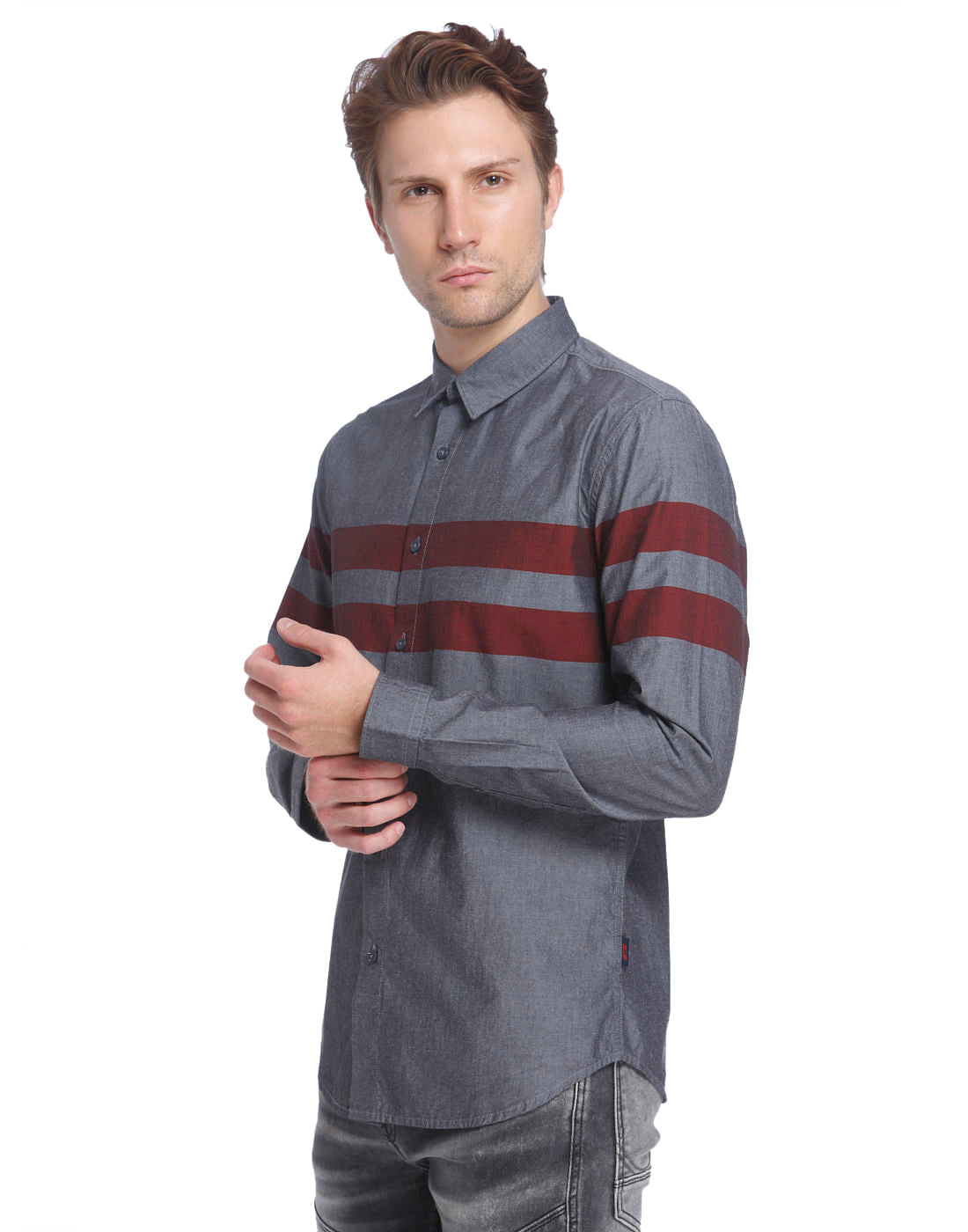 Grey Shirt With Red Stripes
