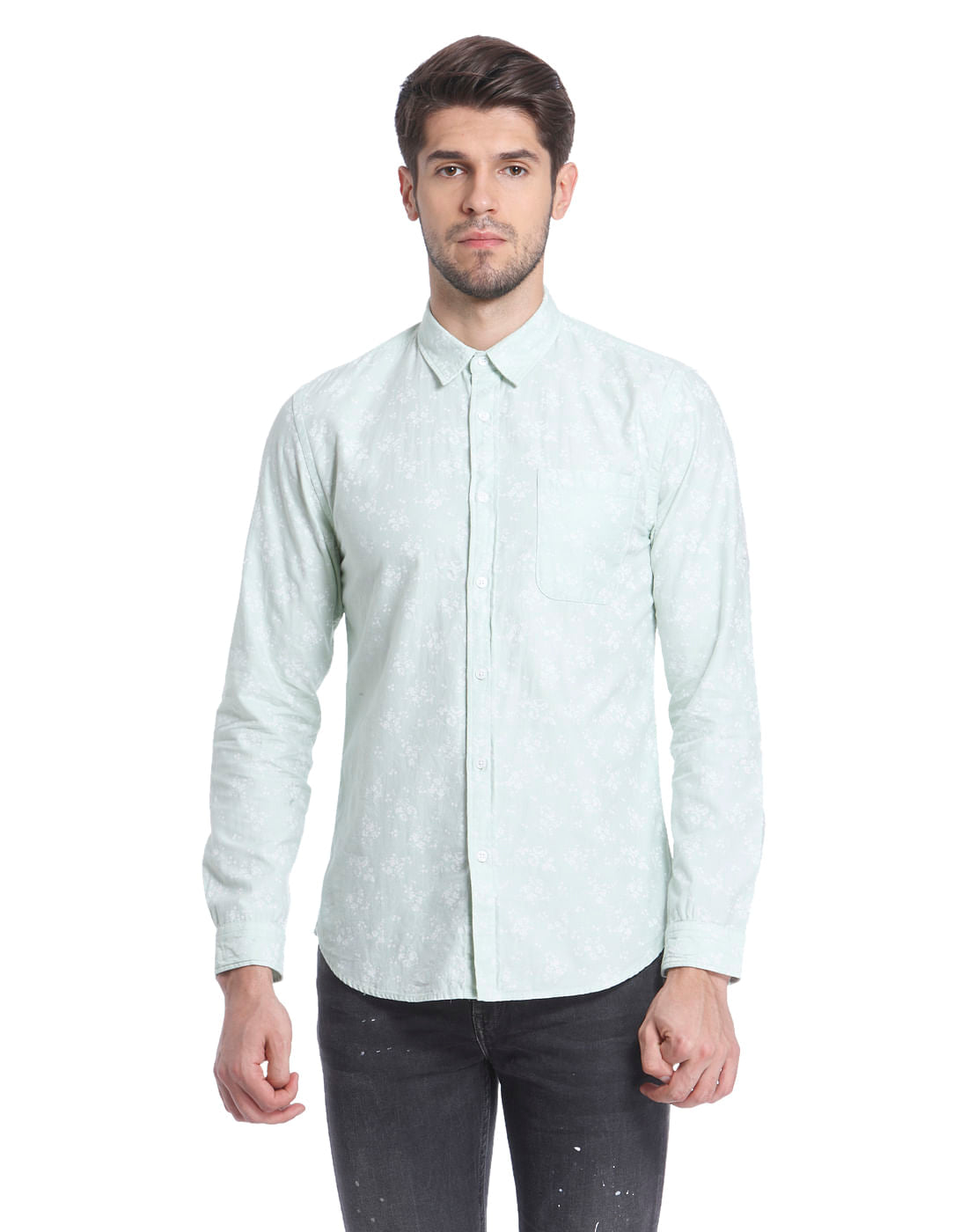 All-Over Print Green Casual Shirt - S
