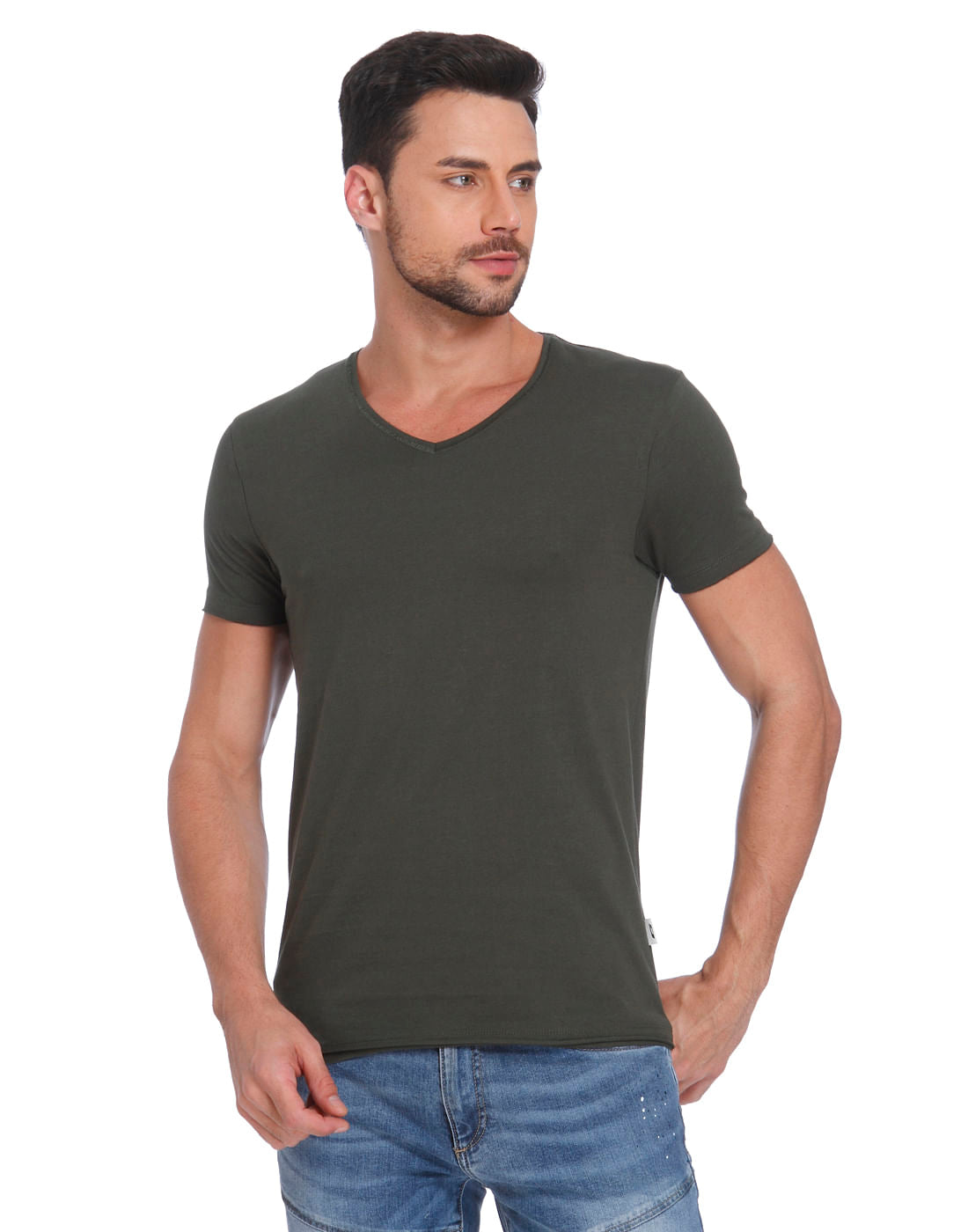 Green V-Neck T-Shirt - S