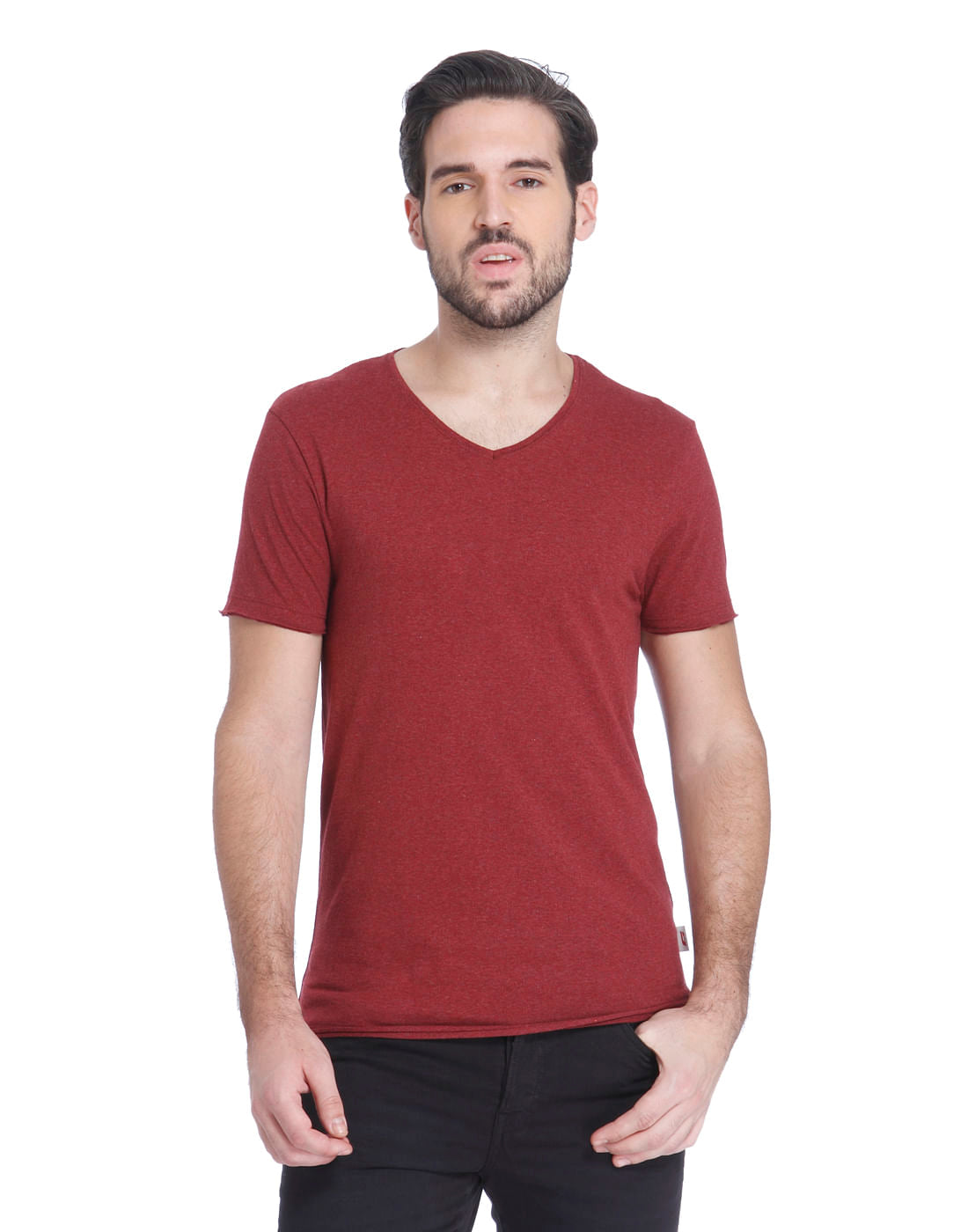 Maroon Slim Fit V-Neck T-Shirt - S