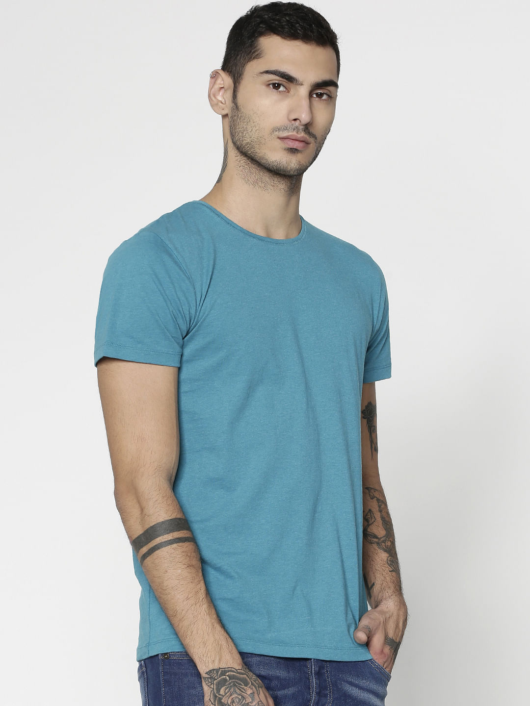 Azure Blue Slim Fit Crew Neck T-Shirt