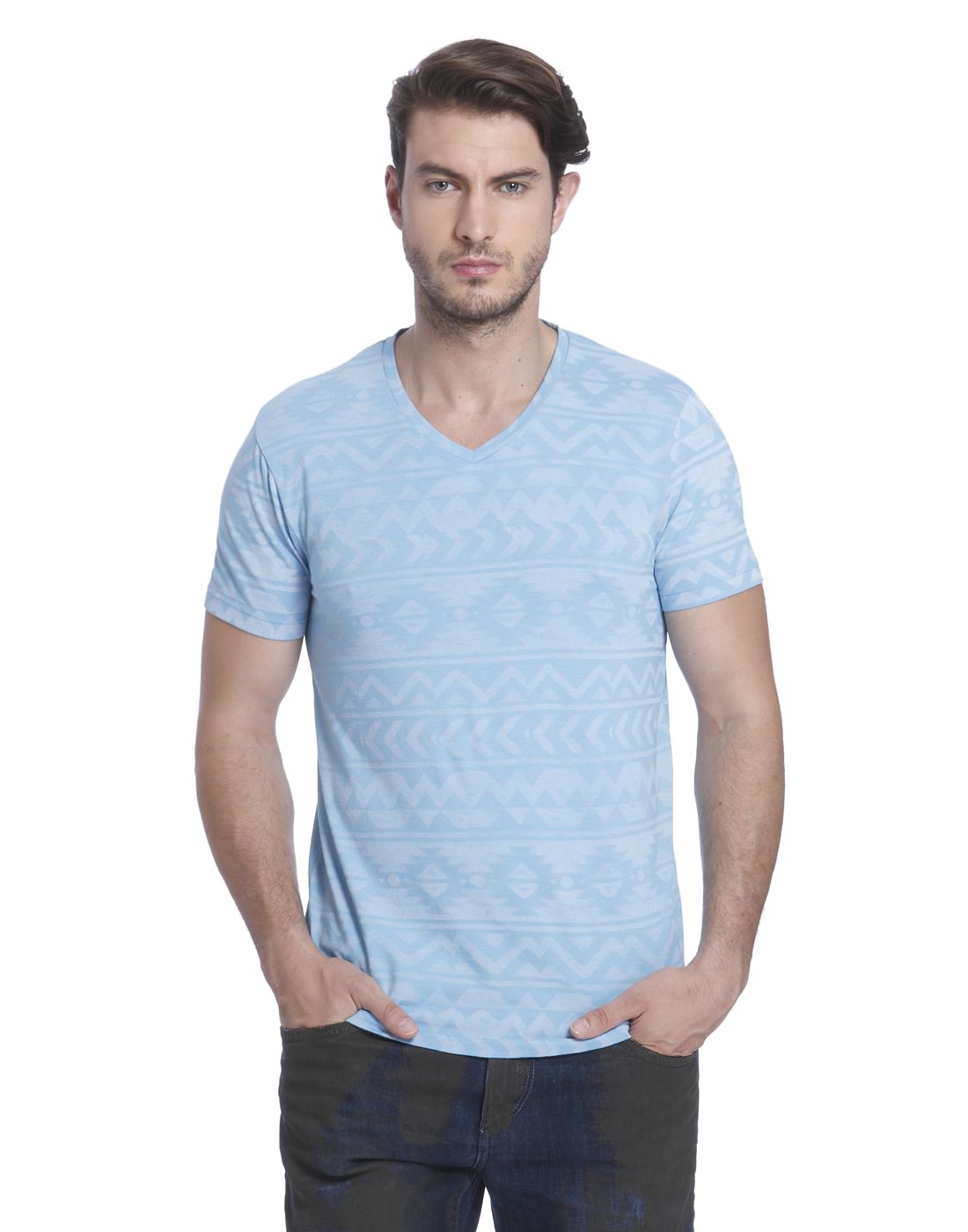 Light Blue Printed V-Neck T-Shirt - S