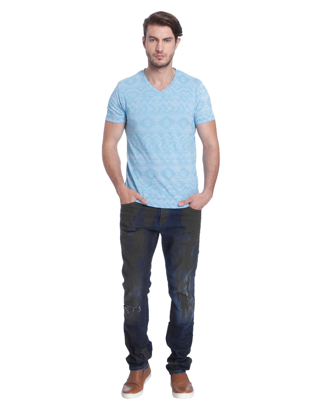Light Blue Printed V-Neck T-Shirt
