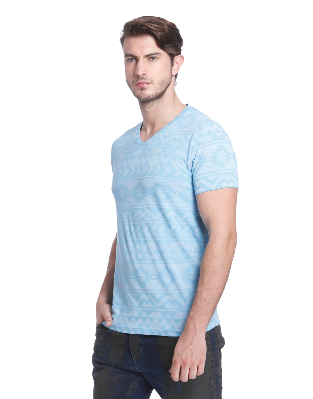 Light Blue Printed V-Neck T-Shirt