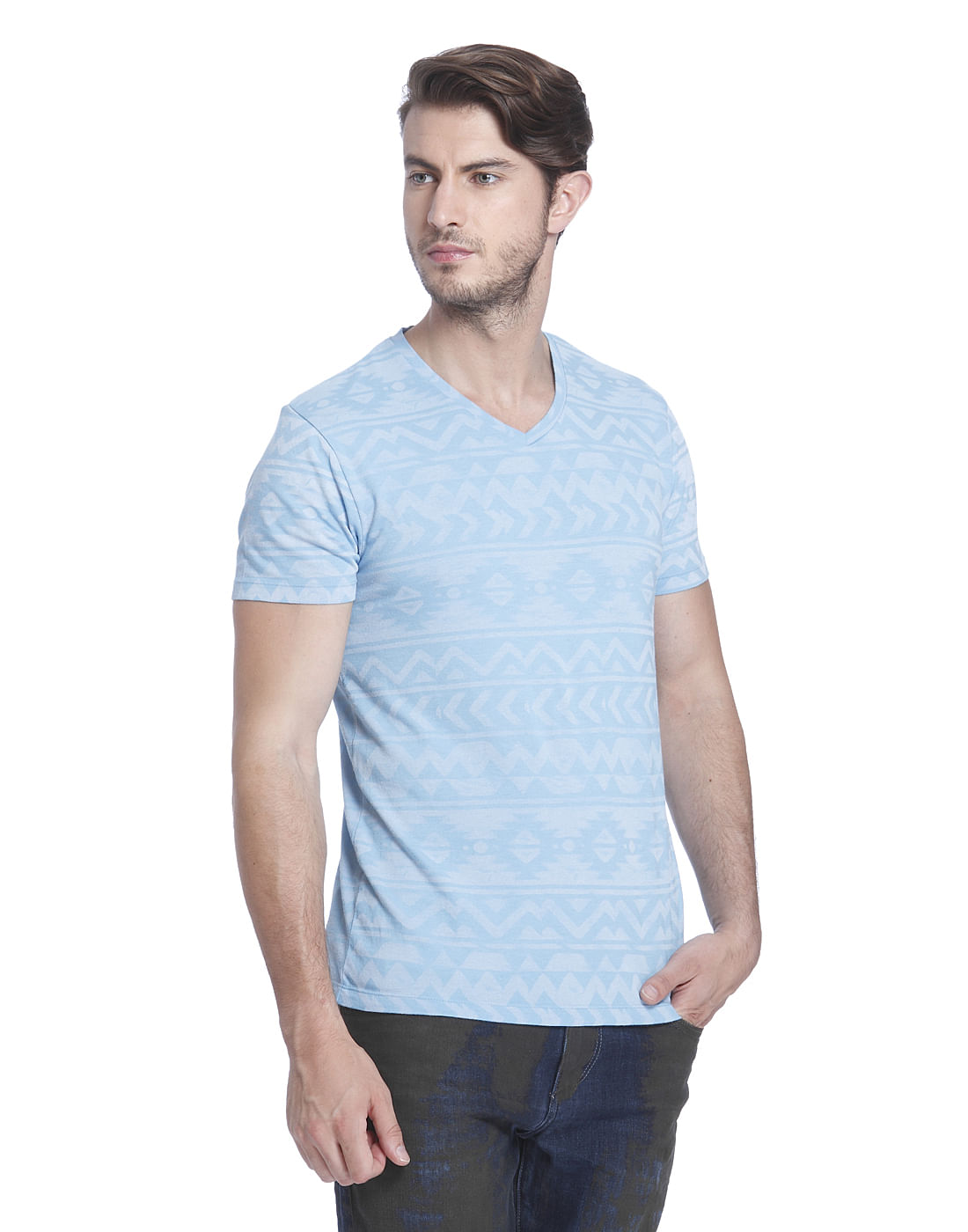 Light Blue Printed V-Neck T-Shirt