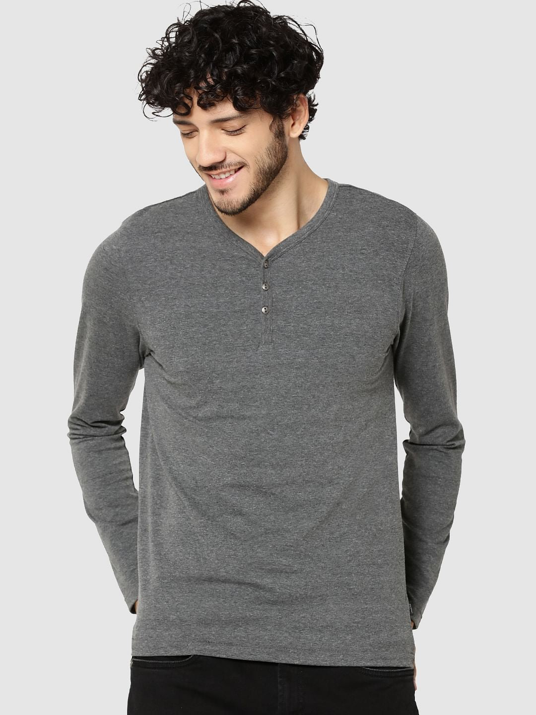 Grey Full Sleeves Henley T-Shirt - S