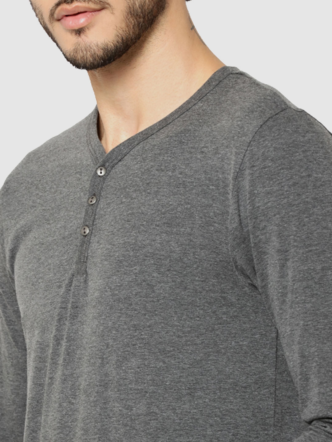 Grey Full Sleeves Henley T-Shirt