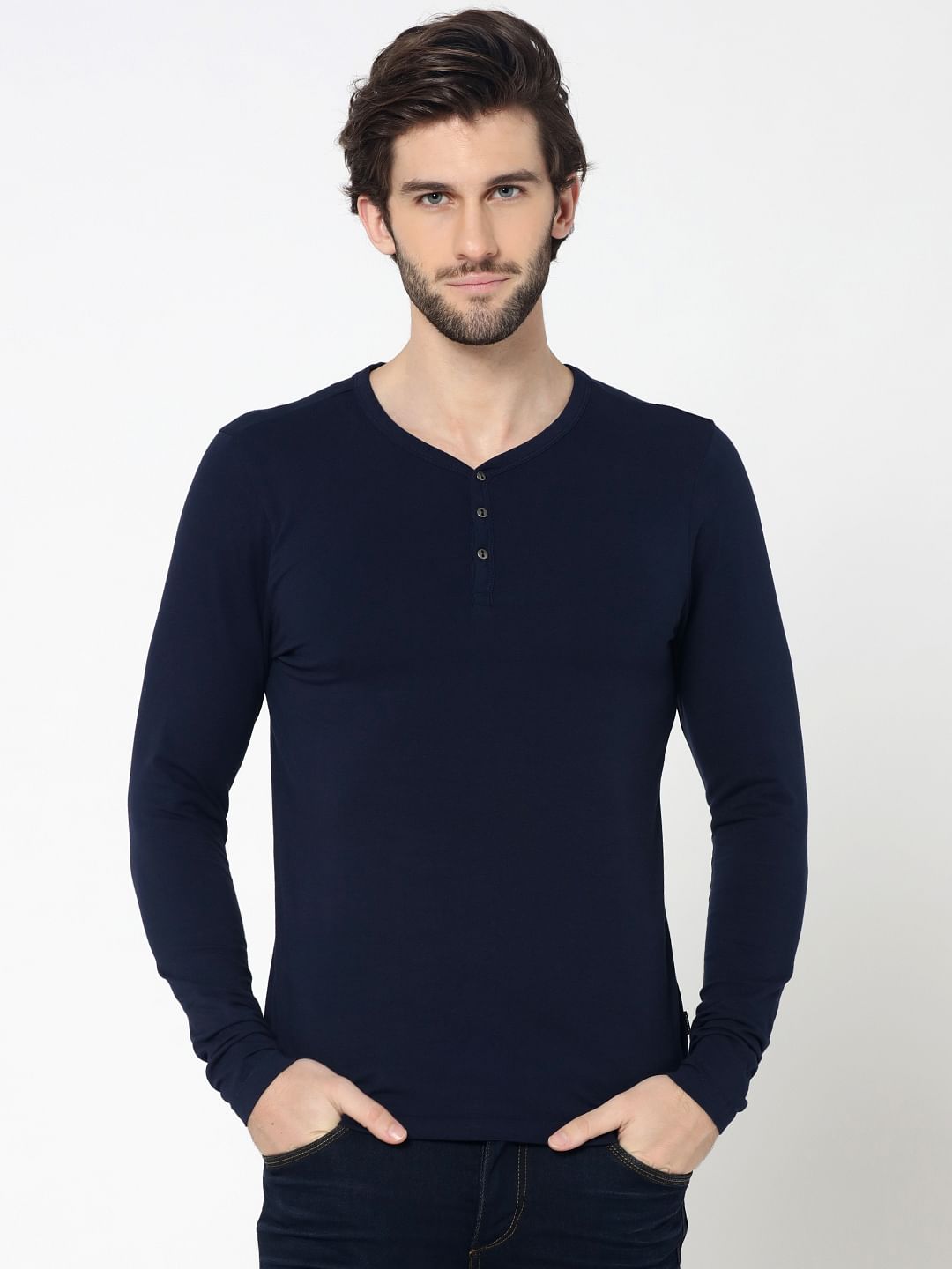 Dark Blue Full Sleeves Henley T-Shirt - S