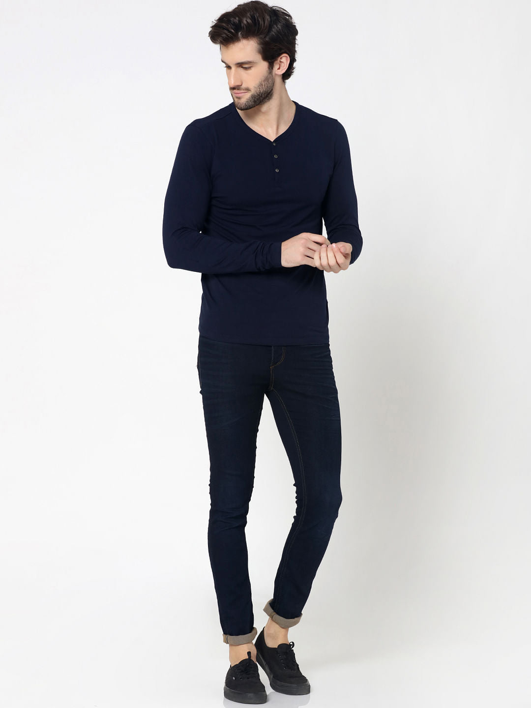 Dark Blue Full Sleeves Henley T-Shirt