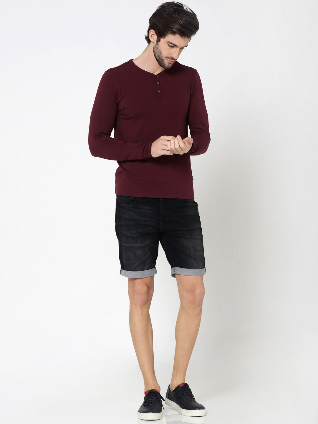 Burgundy Full Sleeves Henley T-Shirt