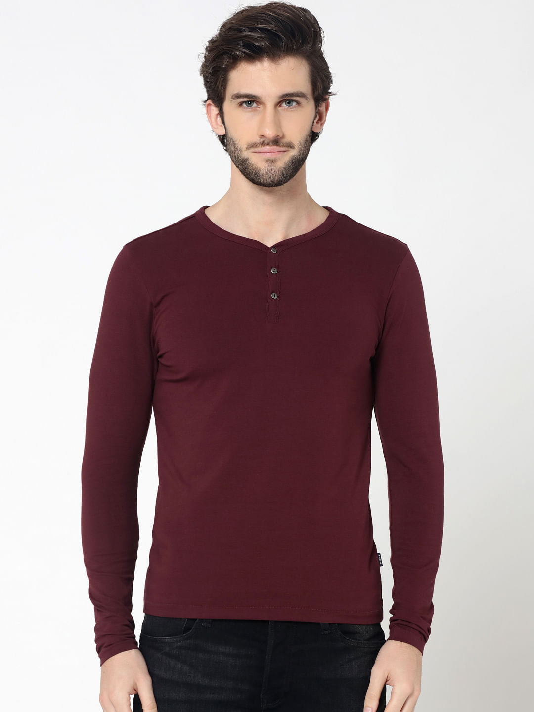 Burgundy Full Sleeves Henley T-Shirt - S