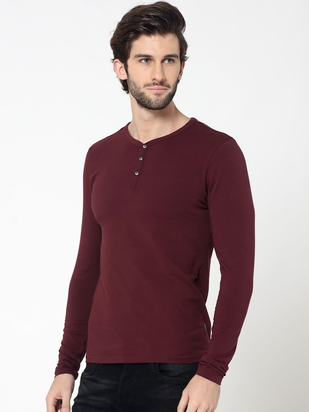 Burgundy Full Sleeves Henley T-Shirt