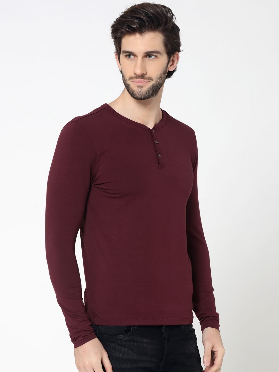 Burgundy Full Sleeves Henley T-Shirt