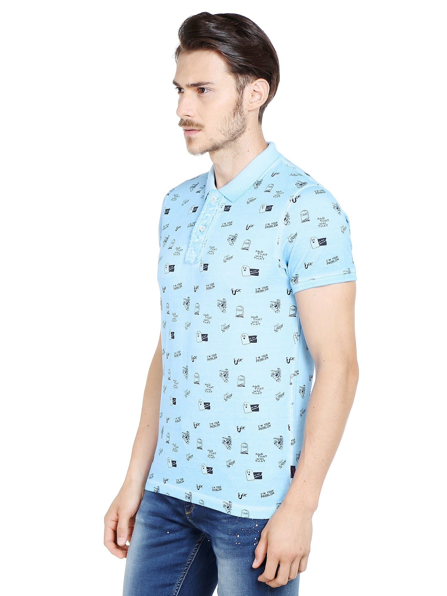 Sky Blue Graphic Print Polo T-Shirt