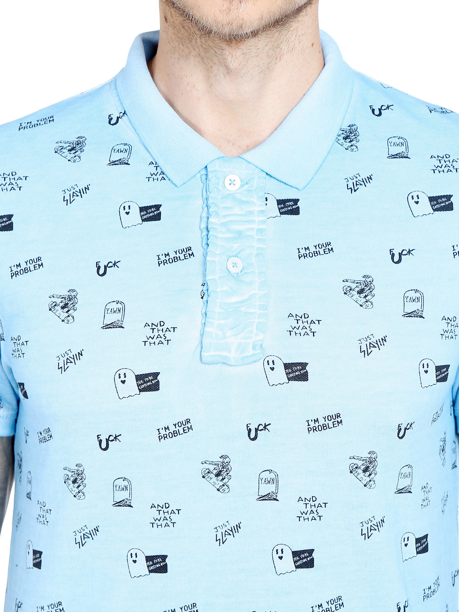 Sky Blue Graphic Print Polo T-Shirt