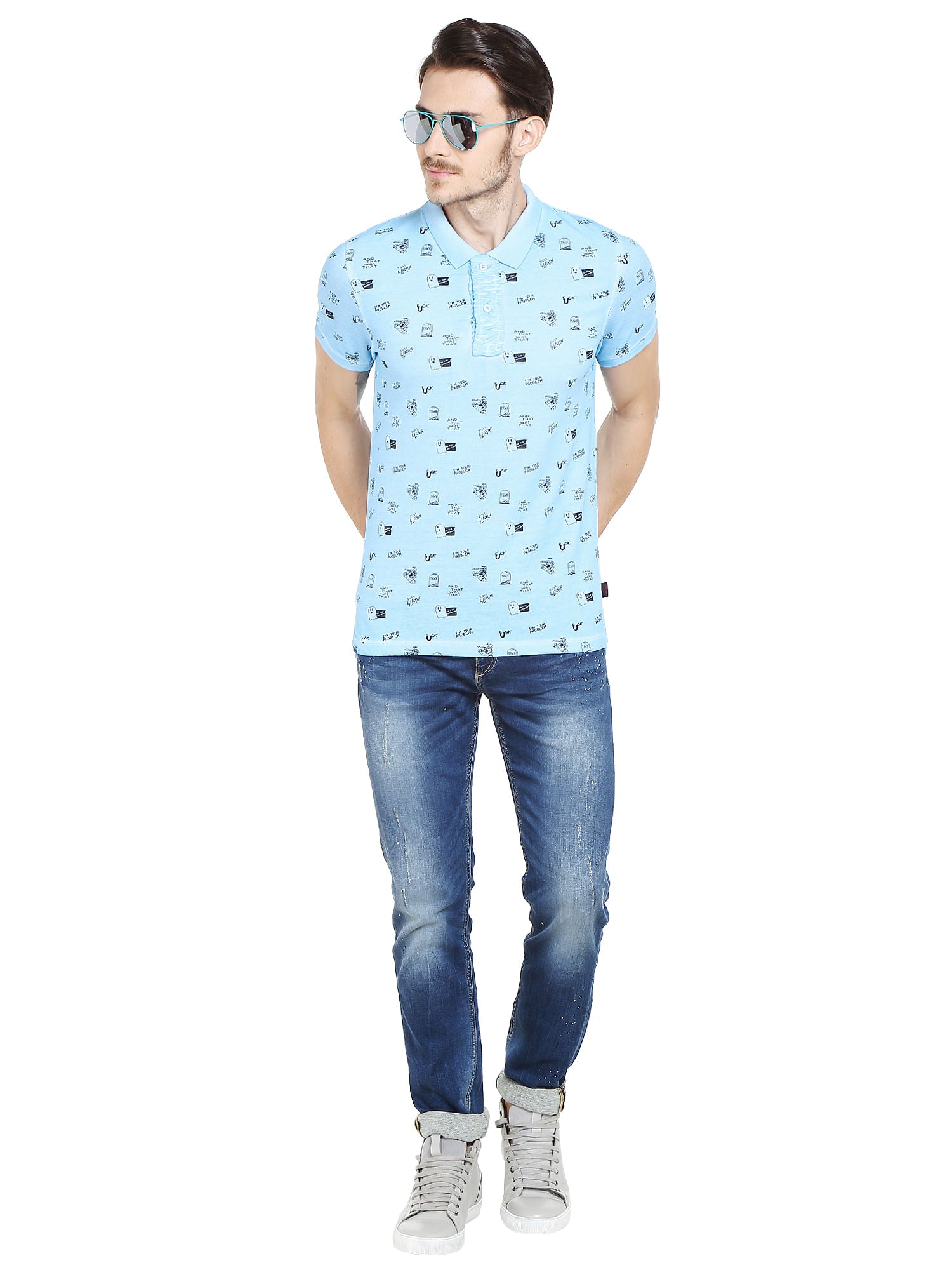Sky Blue Graphic Print Polo T-Shirt