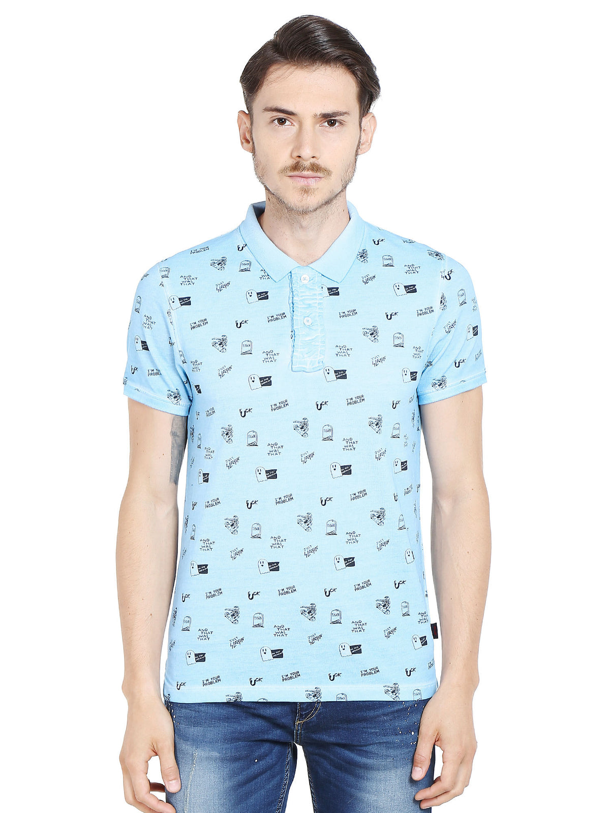 Sky Blue Graphic Print Polo T-Shirt - S