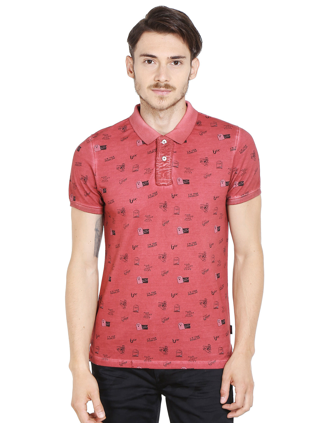 Red Graphic Print Polo T-Shirt - S