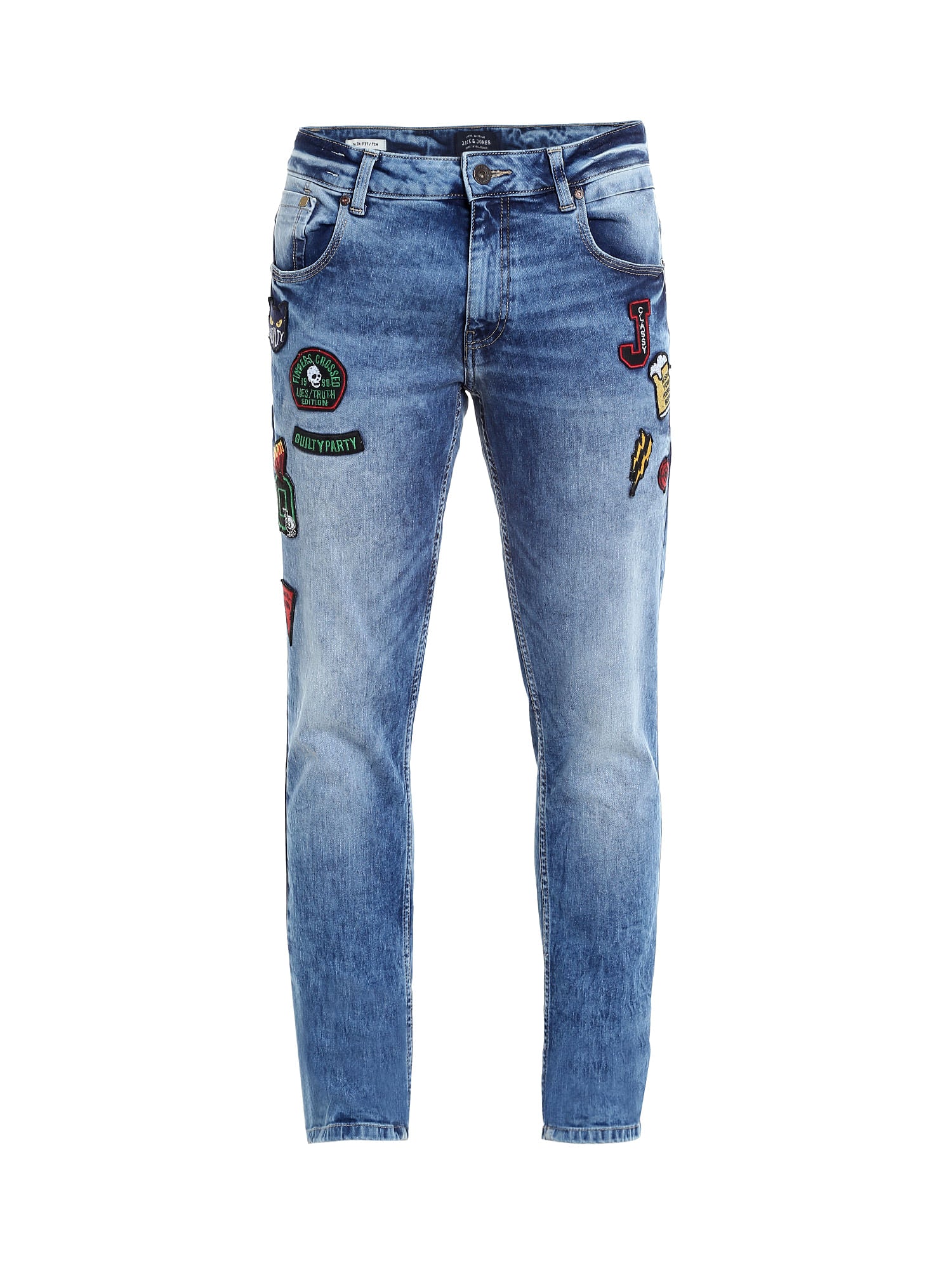 Blue Slim Jeans With Badge Detail